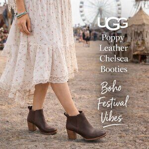 UGG Poppy Leather Chelsea Ankle Booties Brown Stacked Heel Pull On Boots 5